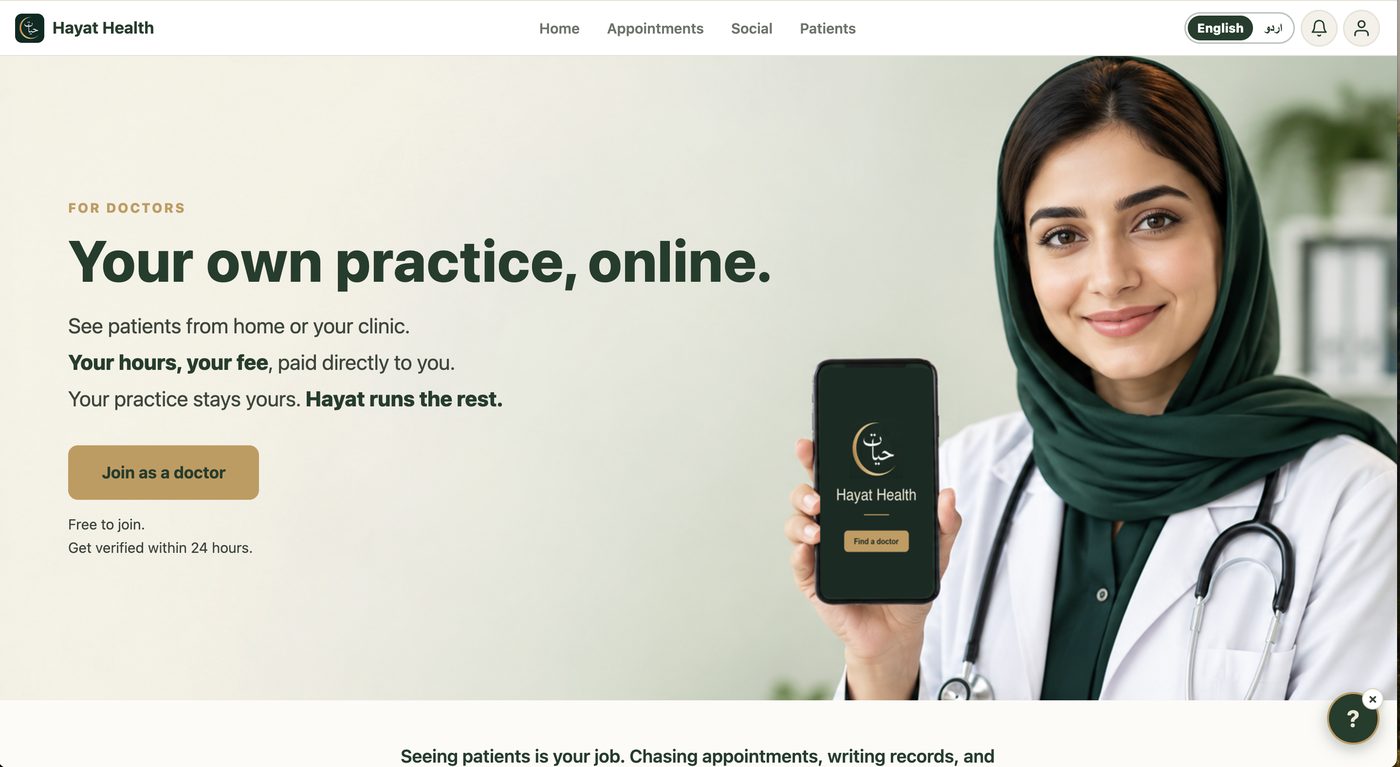 Hayat Health telehealth platform homepage, designed and built by Sidra Vaines