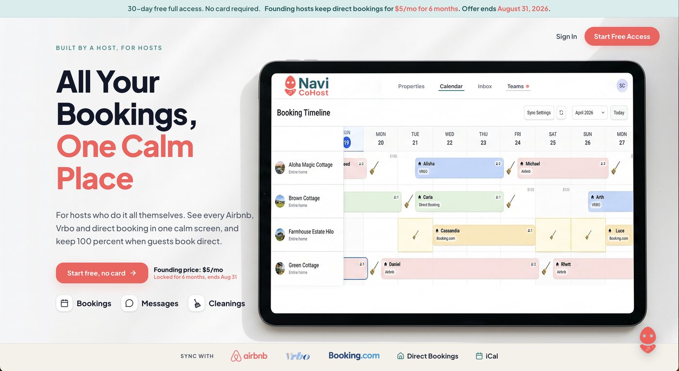 Navi CoHost booking management dashboard, designed and built by Sidra Vaines