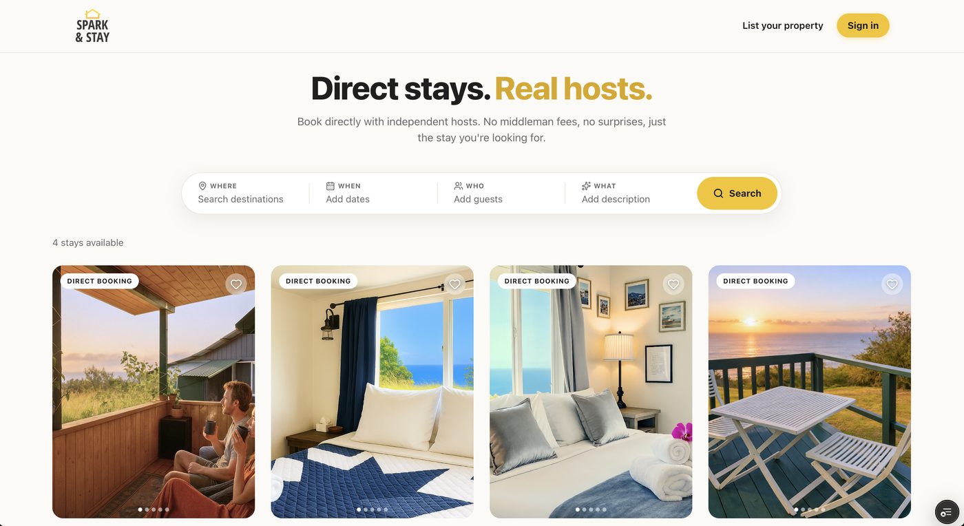Spark and Stay direct-booking marketplace, designed and built by Sidra Vaines